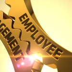 Employee Engagement on Mechanism of Golden Gears with Lens Flare. 3D Render.