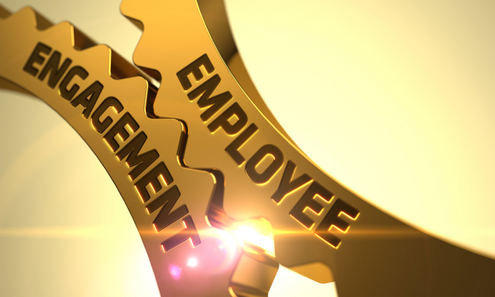 Employee Engagement on Mechanism of Golden Gears with Lens Flare. 3D Render.