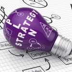 purple light bulb with plan and strategy as the message focus