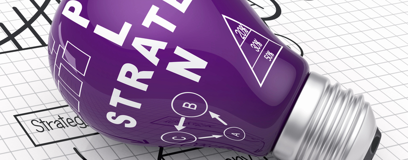 purple light bulb with plan and strategy as the message focus