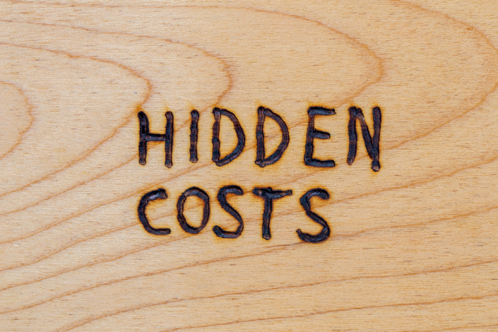 The words "hidden costs" burned into wood