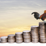 rooster standing on pile of coins to represent the question of which came first, your cash flow problems or your business problems?