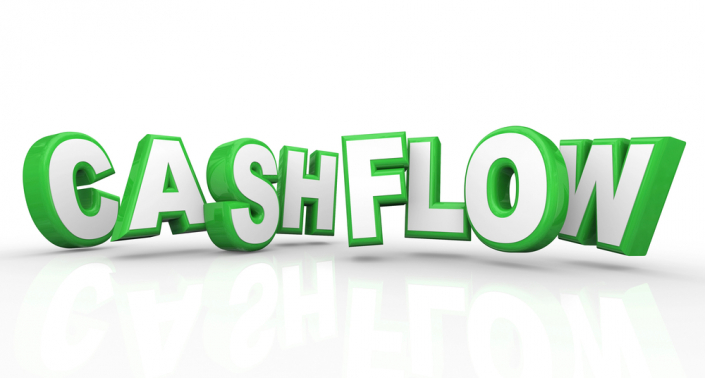 the words "cash flow" in 3D white letters with green outline on white background