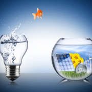 goldfish jumping from a lightbulb fishbowl to a round fishbowl for business turnaround stratgy